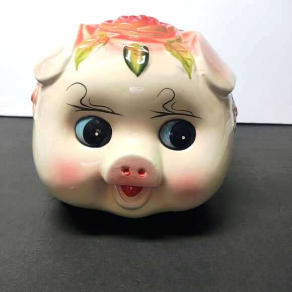 Piggy Bank Kitschy Cute Floral Big Eyed and slightly angry little Pink Pig - Picture 1 of 11